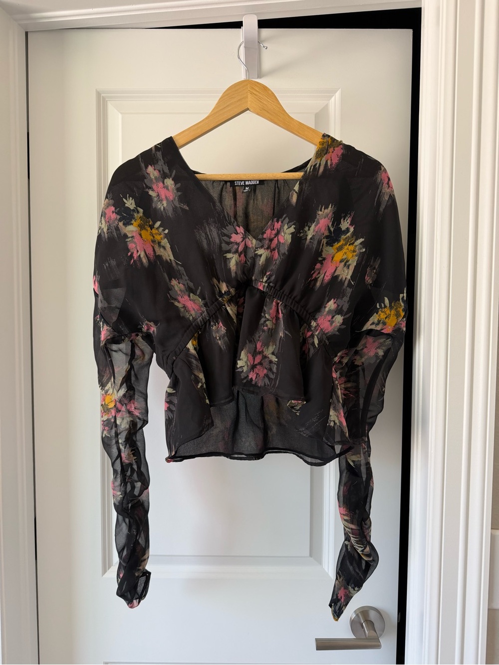 Steve Madden Black Sheer Floral V-Neck Blouse